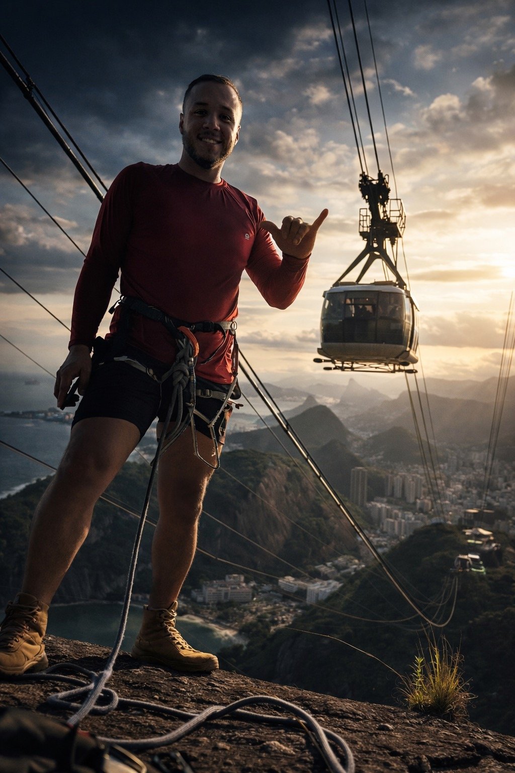 Guia da Adrena Rio na Via CEPI do Pão de Açúcar com bondinho cruzando o céu ao pôr do sol