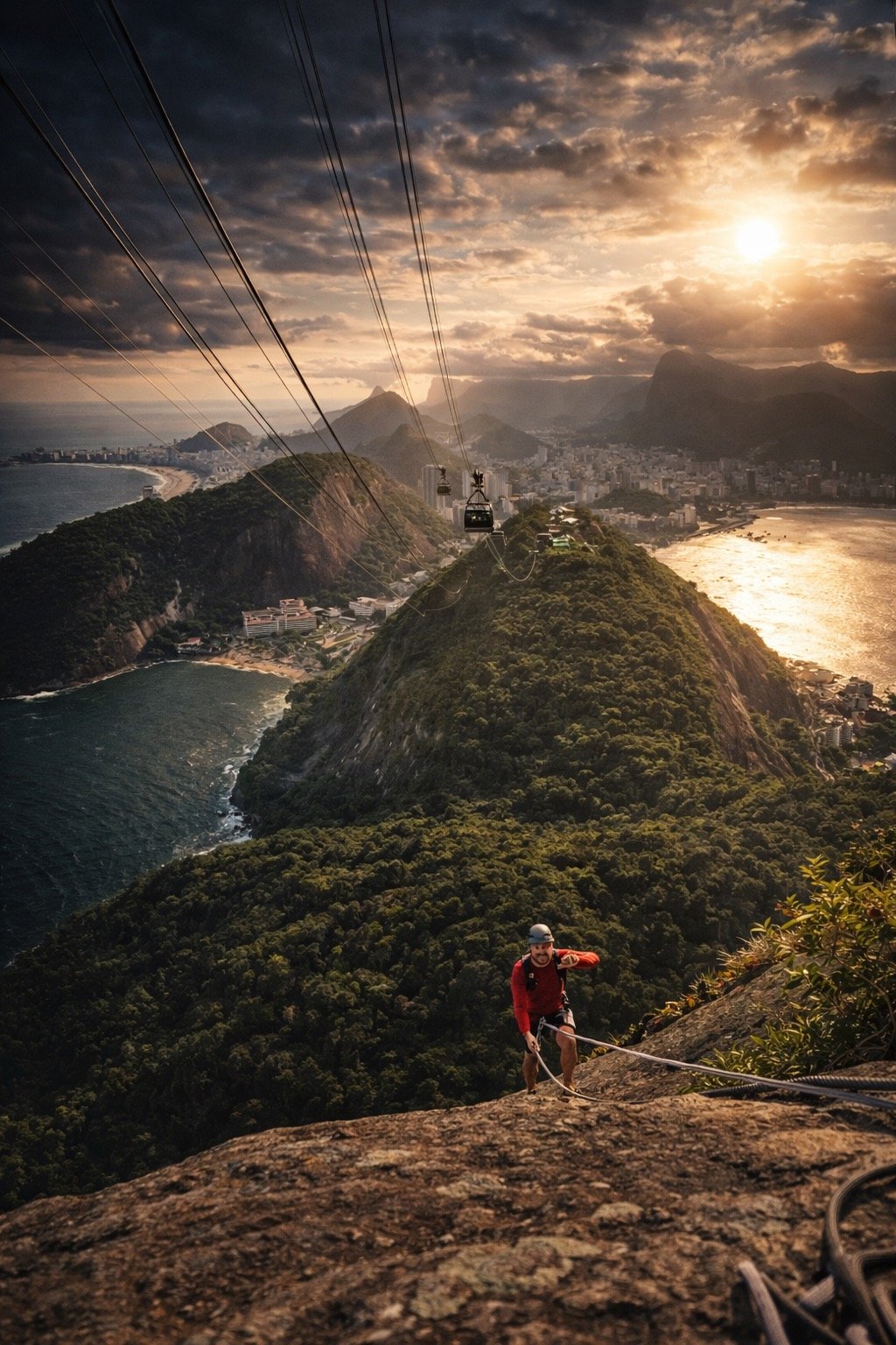 Escalador no topo da Via CEPI do Pão de Açúcar com vista panorâmica do Rio de Janeiro ao entardecer