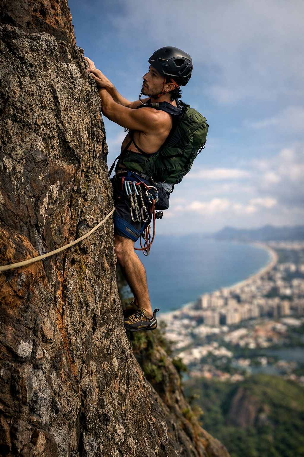 Escalador em fissura técnica no granito da Pedra da Gávea com arnês e equipamentos de escalada completos