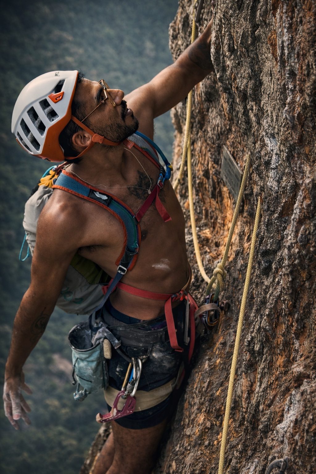 Escalador na face vertical da Pedra da Gávea com a praia de Ipanema e o litoral do Rio de Janeiro ao fundo